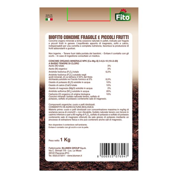 Retro - prodotto fito Fronte - prodotto fito Concime per Fragole, Mirtilli e Frutti di bosco